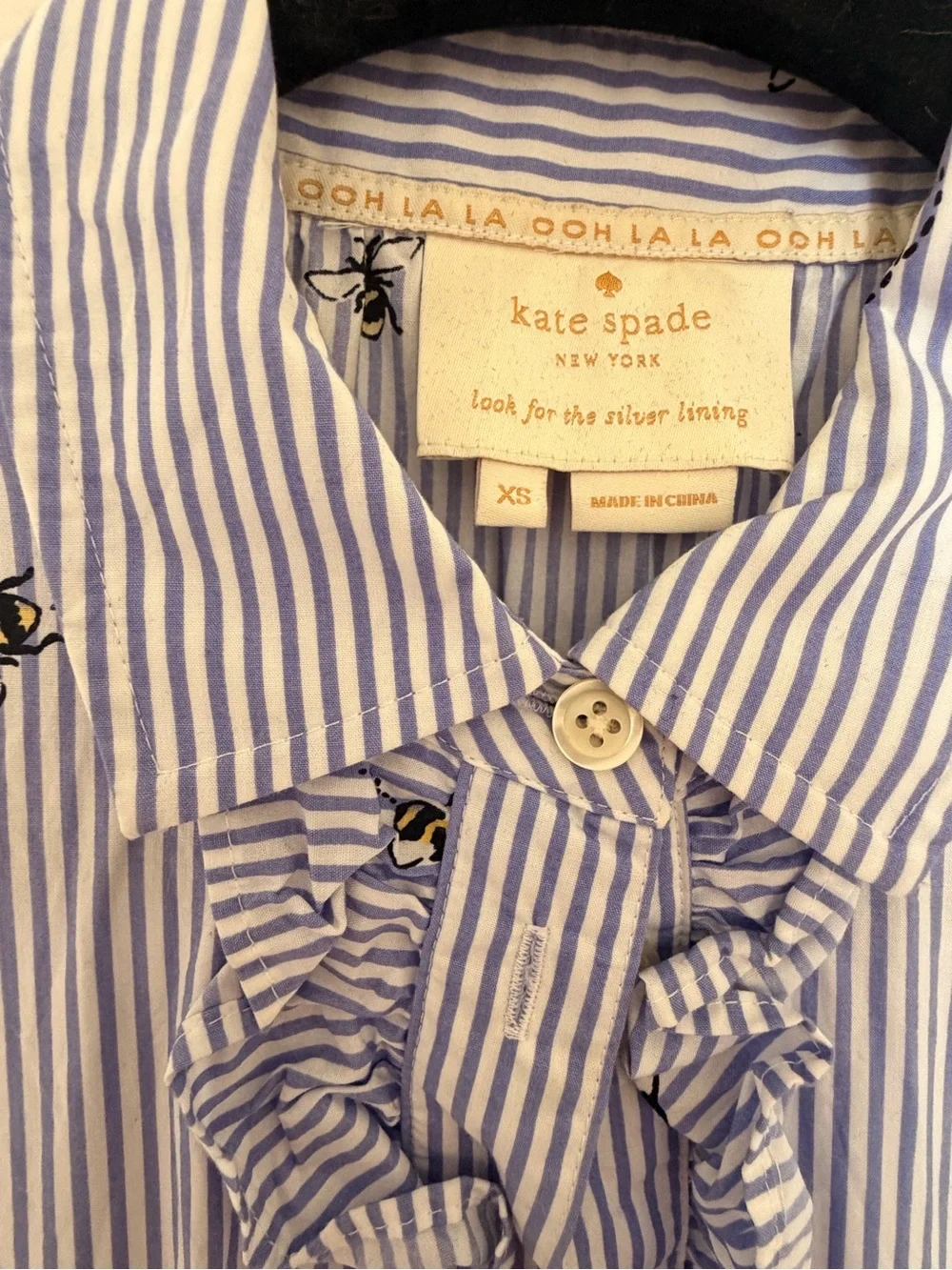 Blue Striped Bumble bee Embroidered Button-Front Shirt Dress
